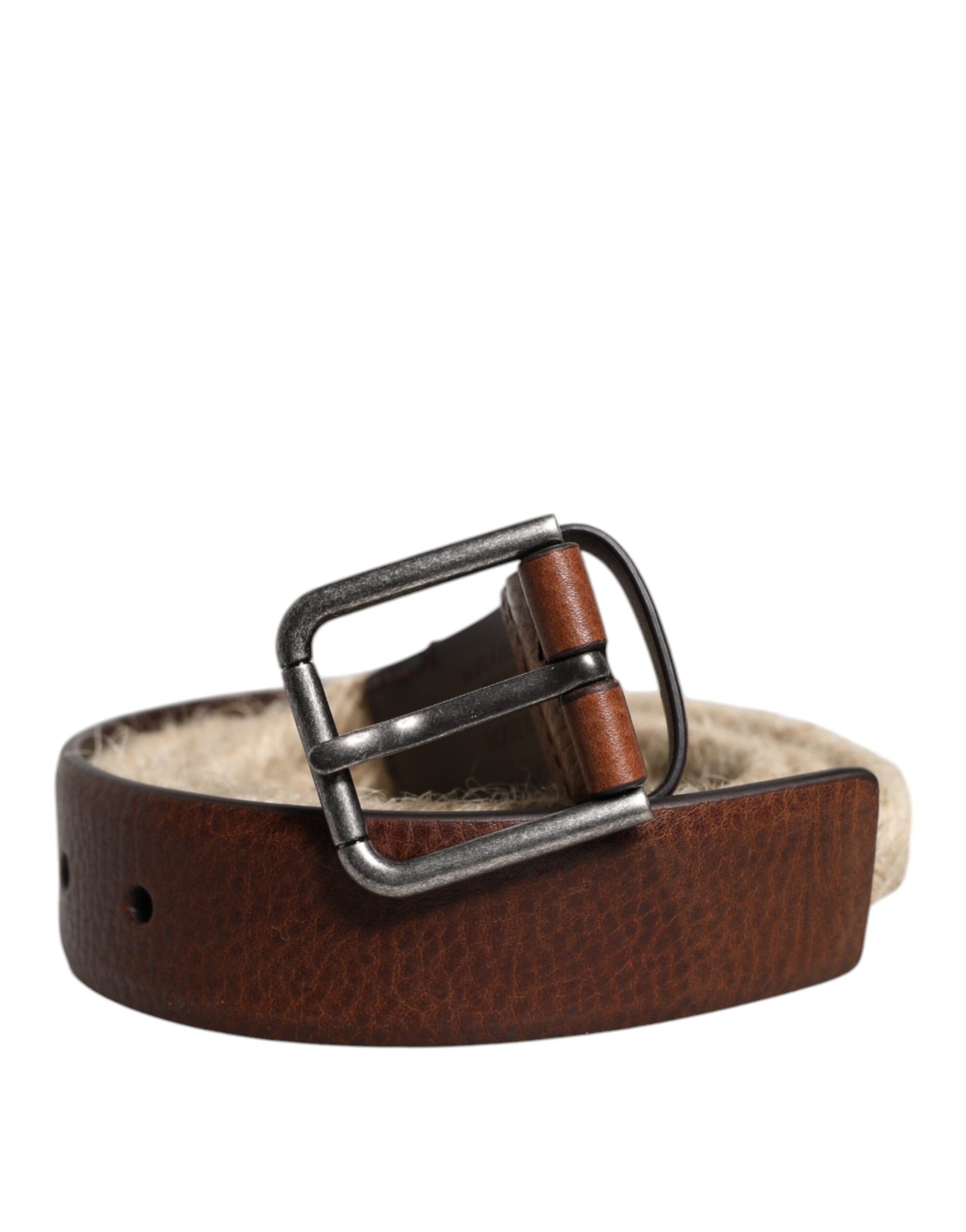 Dolce & Gabbana Brown Jute Leather Woven Metal Buckle Belt
