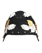 Dolce & Gabbana Black Wool White Floral Gold Leaf Cloche Hat