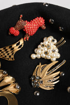 Dolce & Gabbana Black Wool Multicolor Embellished Cloche Hat