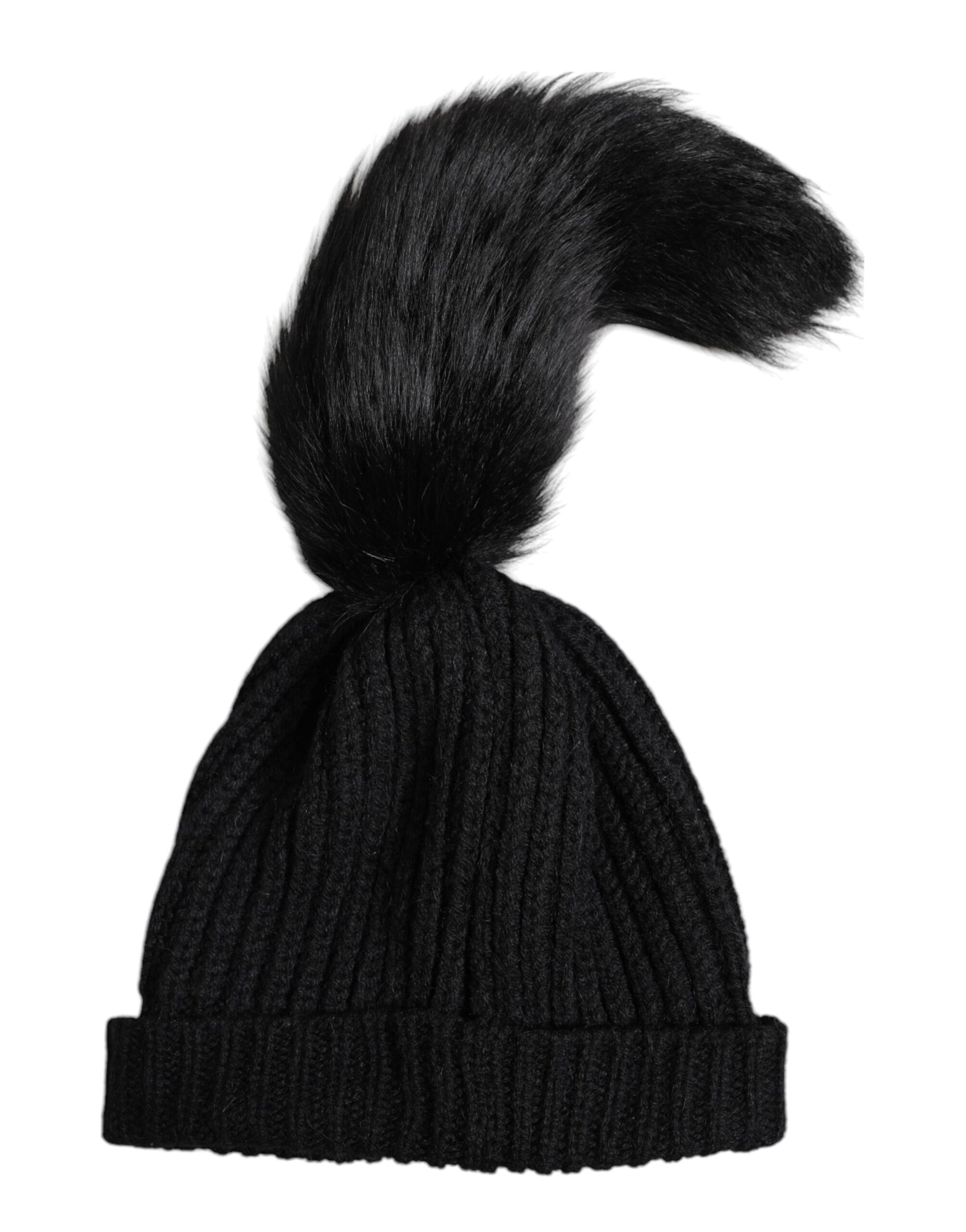 Dolce & Gabbana Black Acrylic Knitted Fur Winter Beanie Hat