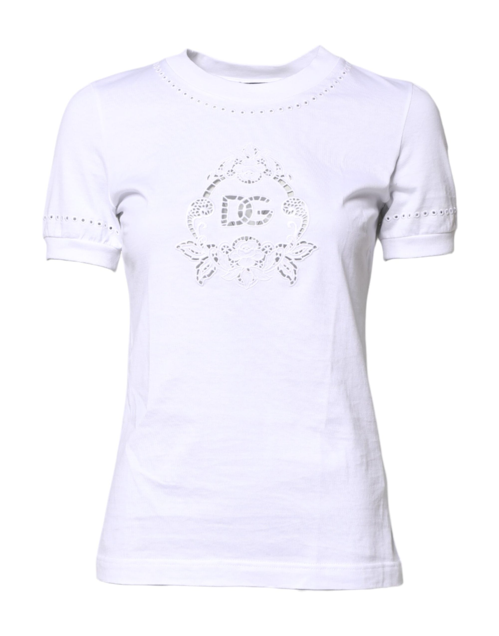 Dolce & Gabbana White Cotton Floral Logo Crew Neck T-shirt