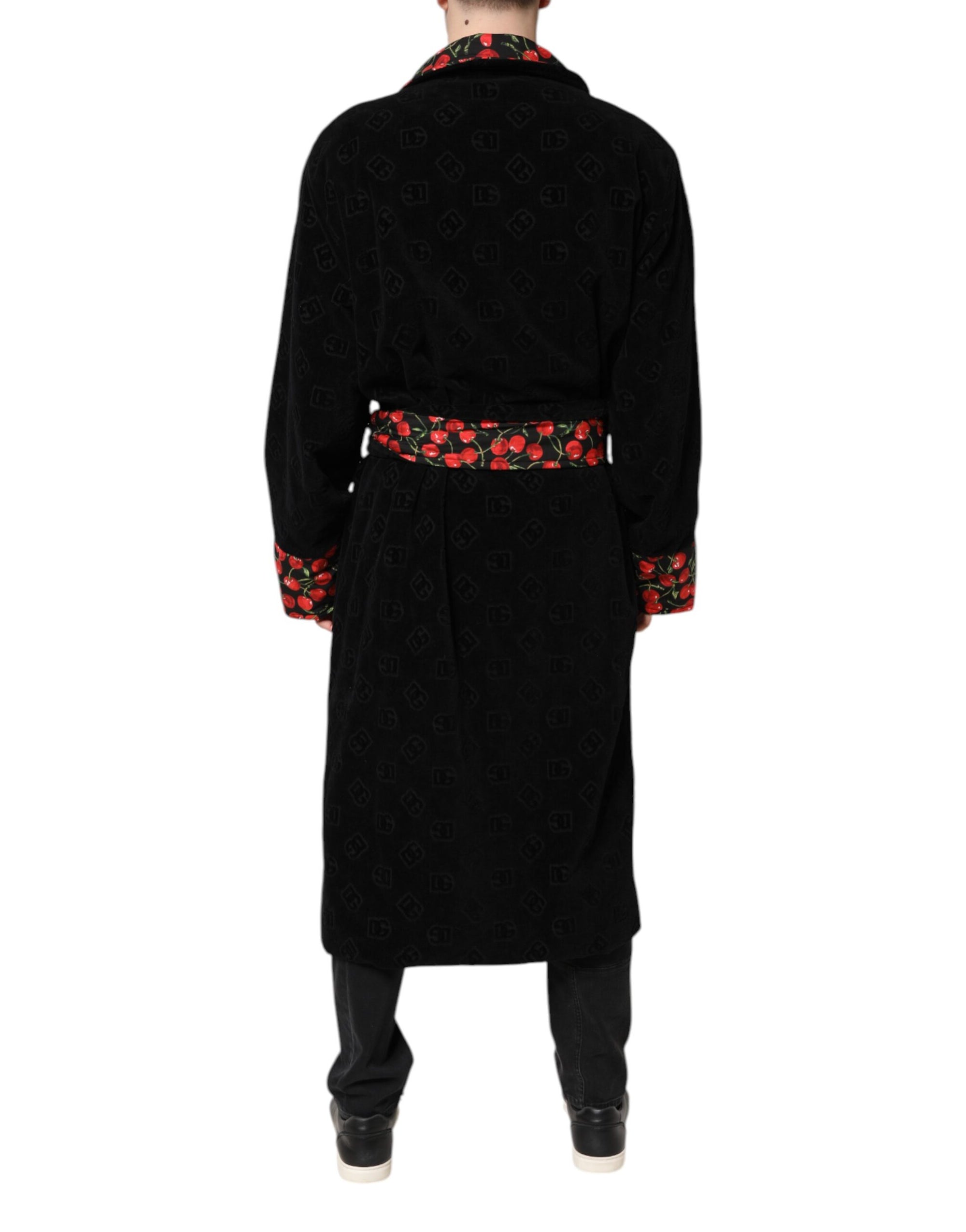 Dolce & Gabbana Black Cherry Print Wrap Robe Men Coat Jacket
