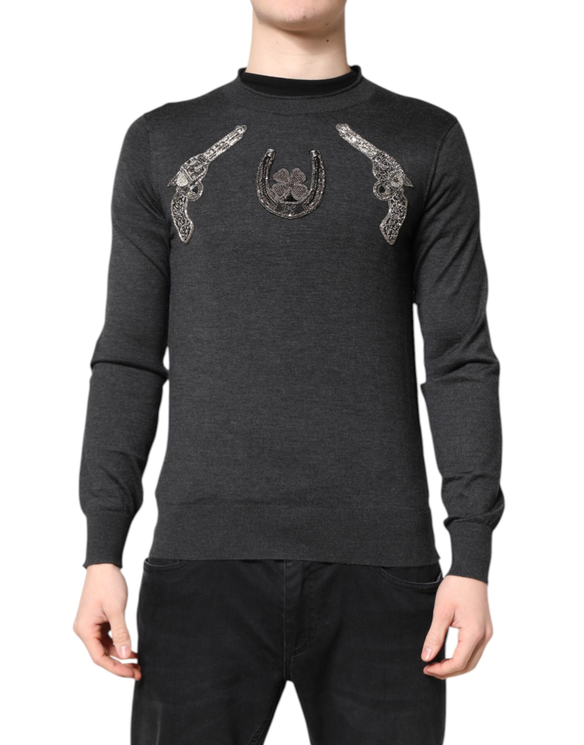 Dolce & Gabbana Gray Embroidery Knit Men Pullover Sweater