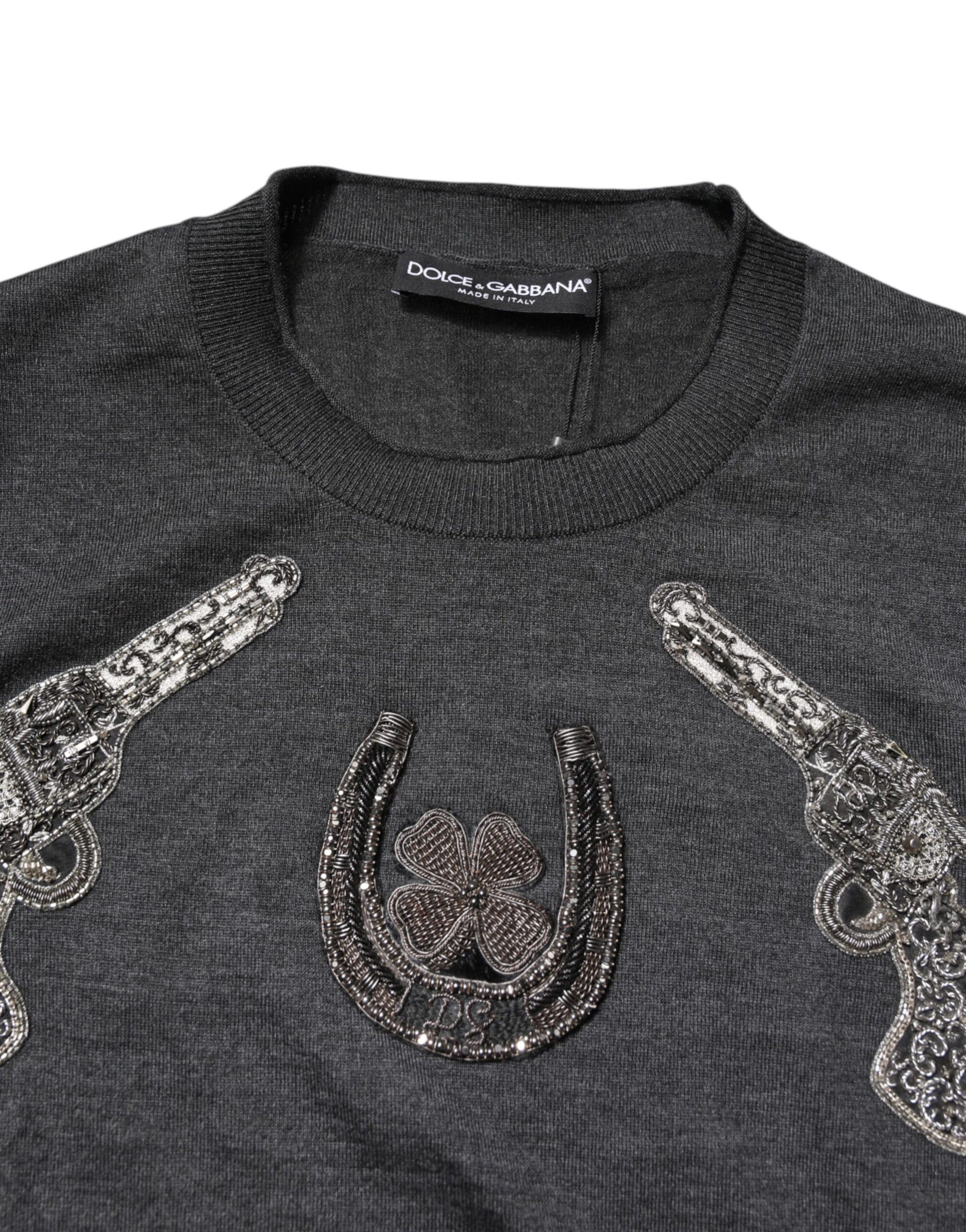 Dolce & Gabbana Gray Embroidery Knit Men Pullover Sweater