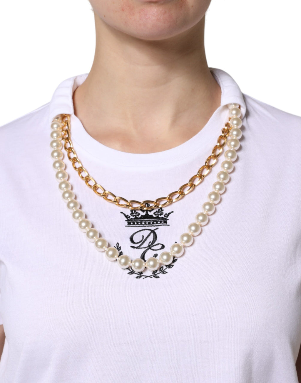 Dolce & Gabbana White Chain Pearl Cotton Round Neck T-shirt