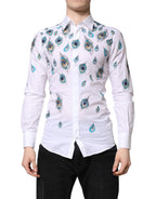 Dolce & Gabbana White Cotton Feather Print GOLD Dress Shirt