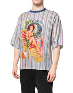 Dolce & Gabbana Multicolor Striped Pin Up Linen Round Neck T-shirt