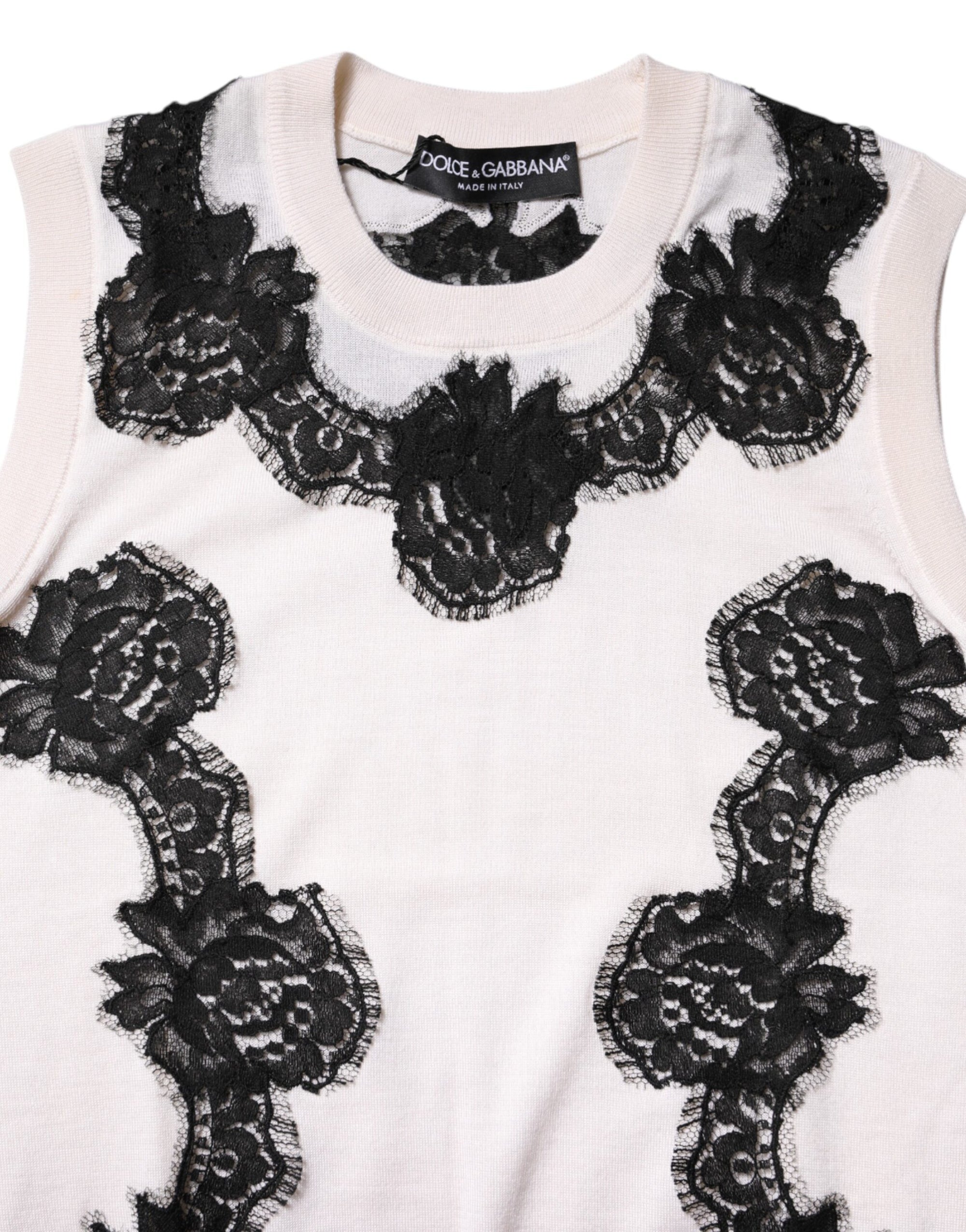 Dolce & Gabbana White Cashmere Floral Lace Detailing Tank Top