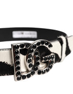 Dolce & Gabbana White Black Leather Zebra DG Crystal Buckle Belt
