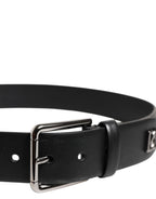 Dolce & Gabbana Black Calf Leather Studded Silver Buckle Belt