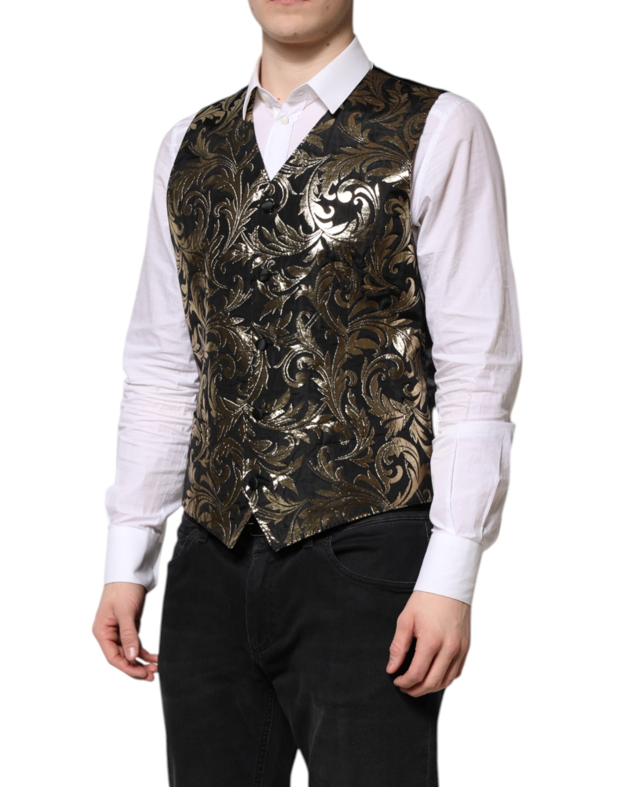 Dolce & Gabbana Black Gold Jacquard Formal Men Waistcoat Vest