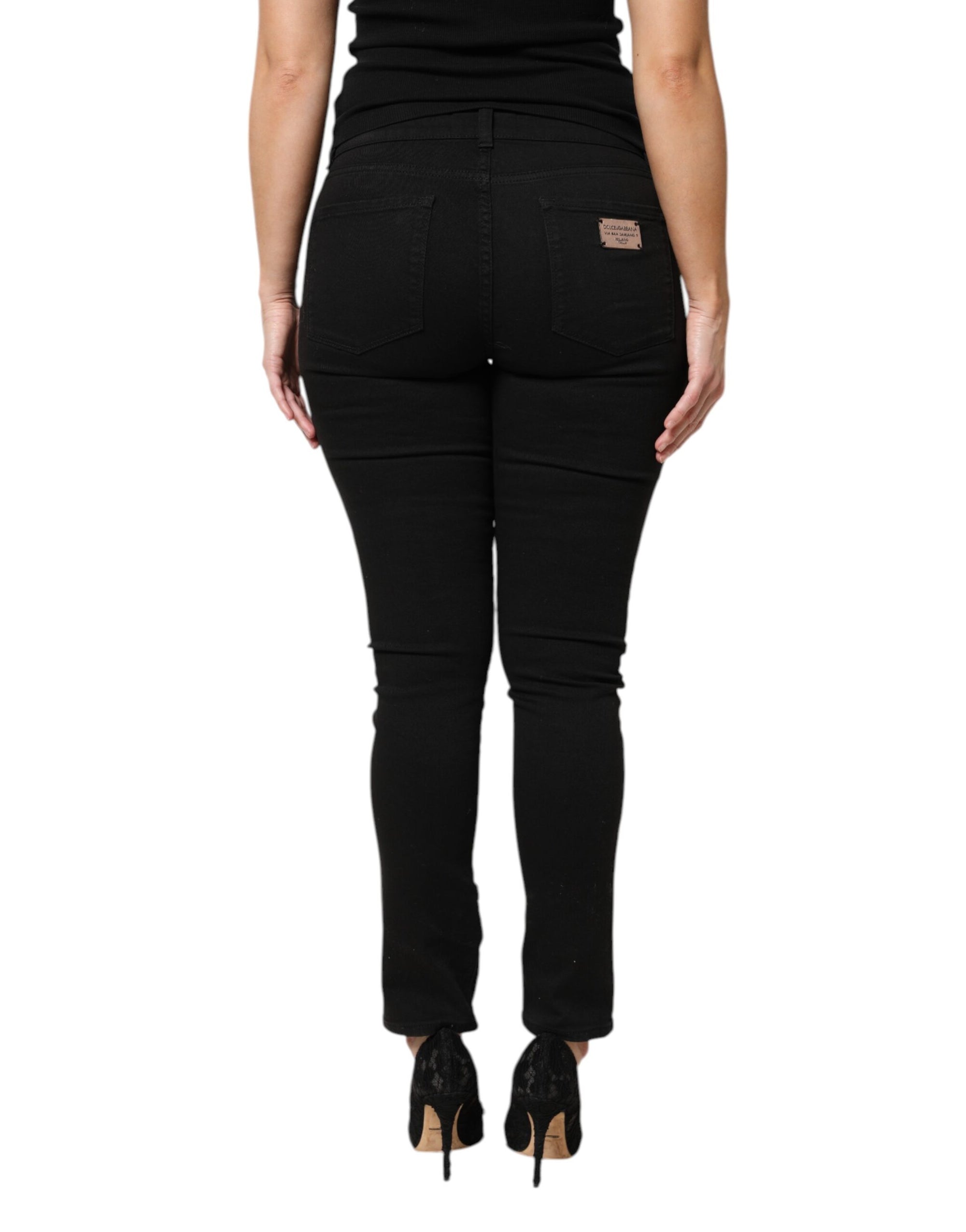 Dolce & Gabbana Black Cotton Logo Mid Waist Skinny Denim Jeans