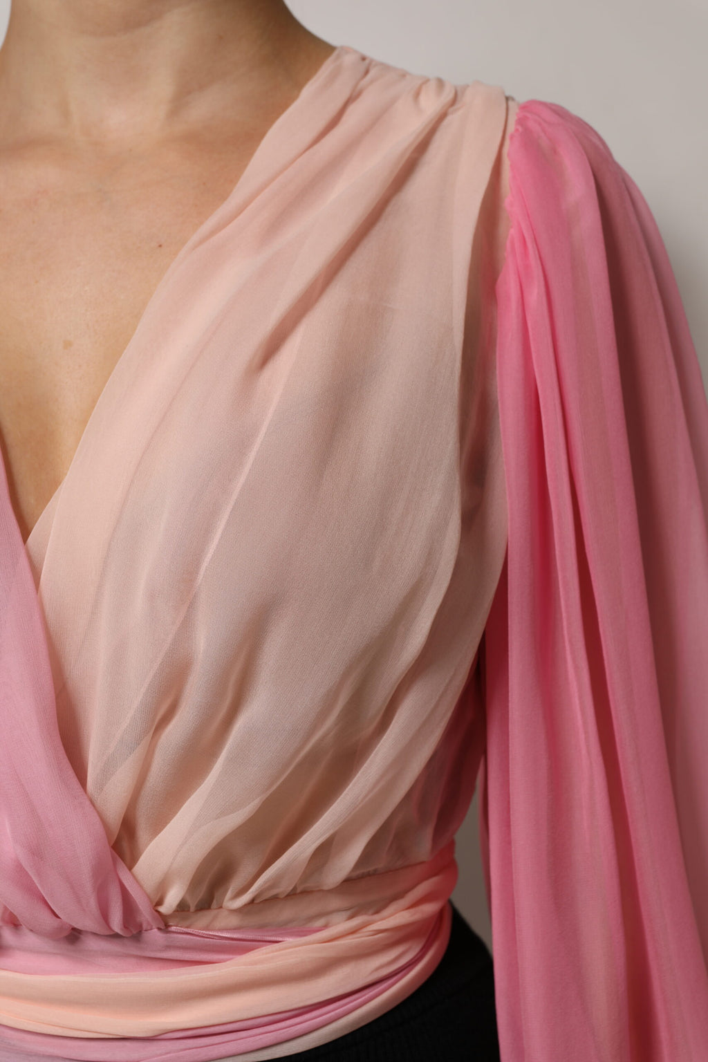 Dolce & Gabbana Pink Plunging V-neck Long Sleeves Blouse Top
