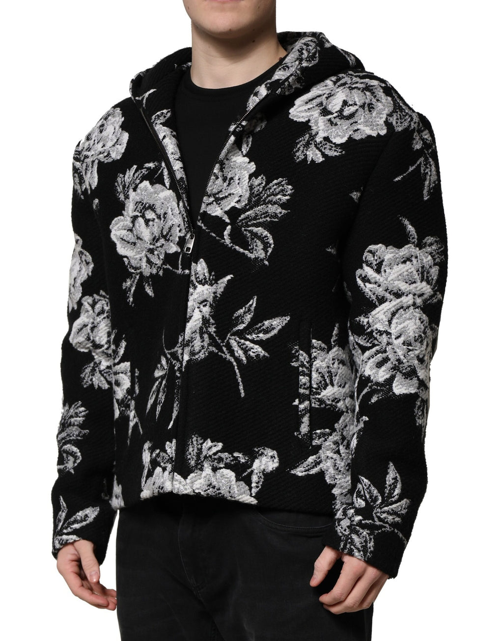 Dolce & Gabbana Black Wool Floral Printed Men Hooded Jacket