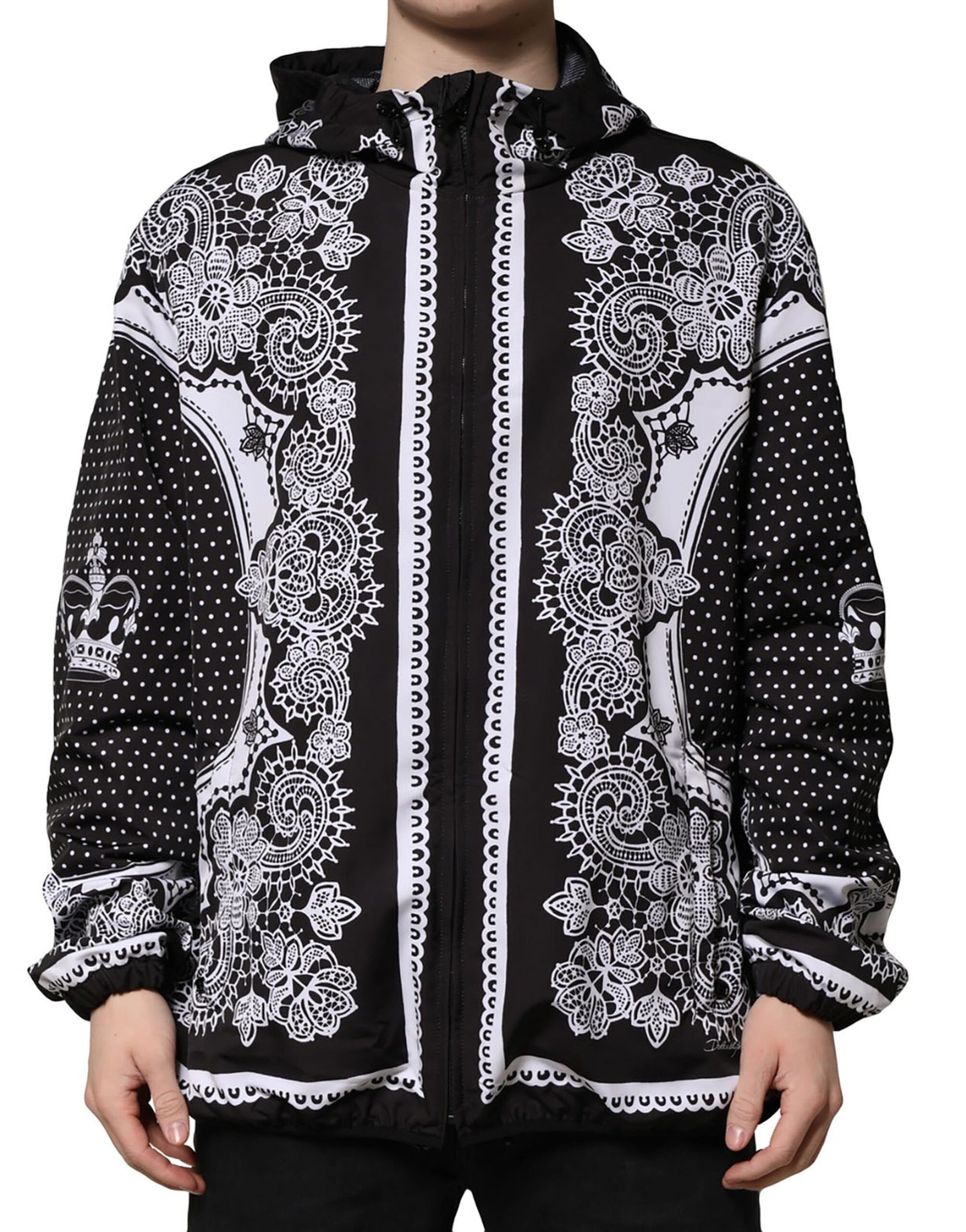 Dolce & Gabbana Black Bandana Print Hooded Bomber Jacket