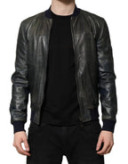 Dolce & Gabbana Black Lambskin Leather Biker Full Zip Jacket