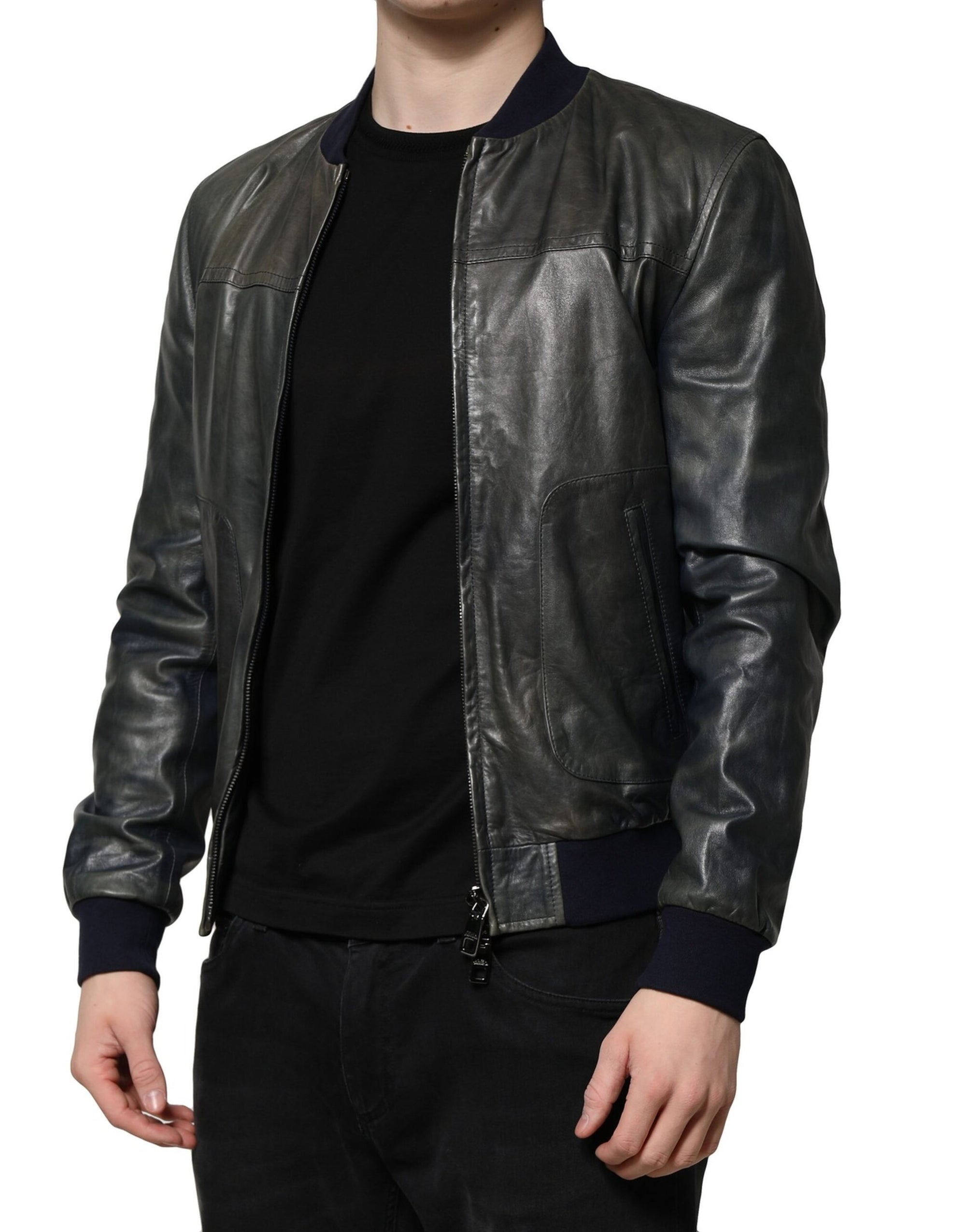 Dolce & Gabbana Black Lambskin Leather Biker Full Zip Jacket