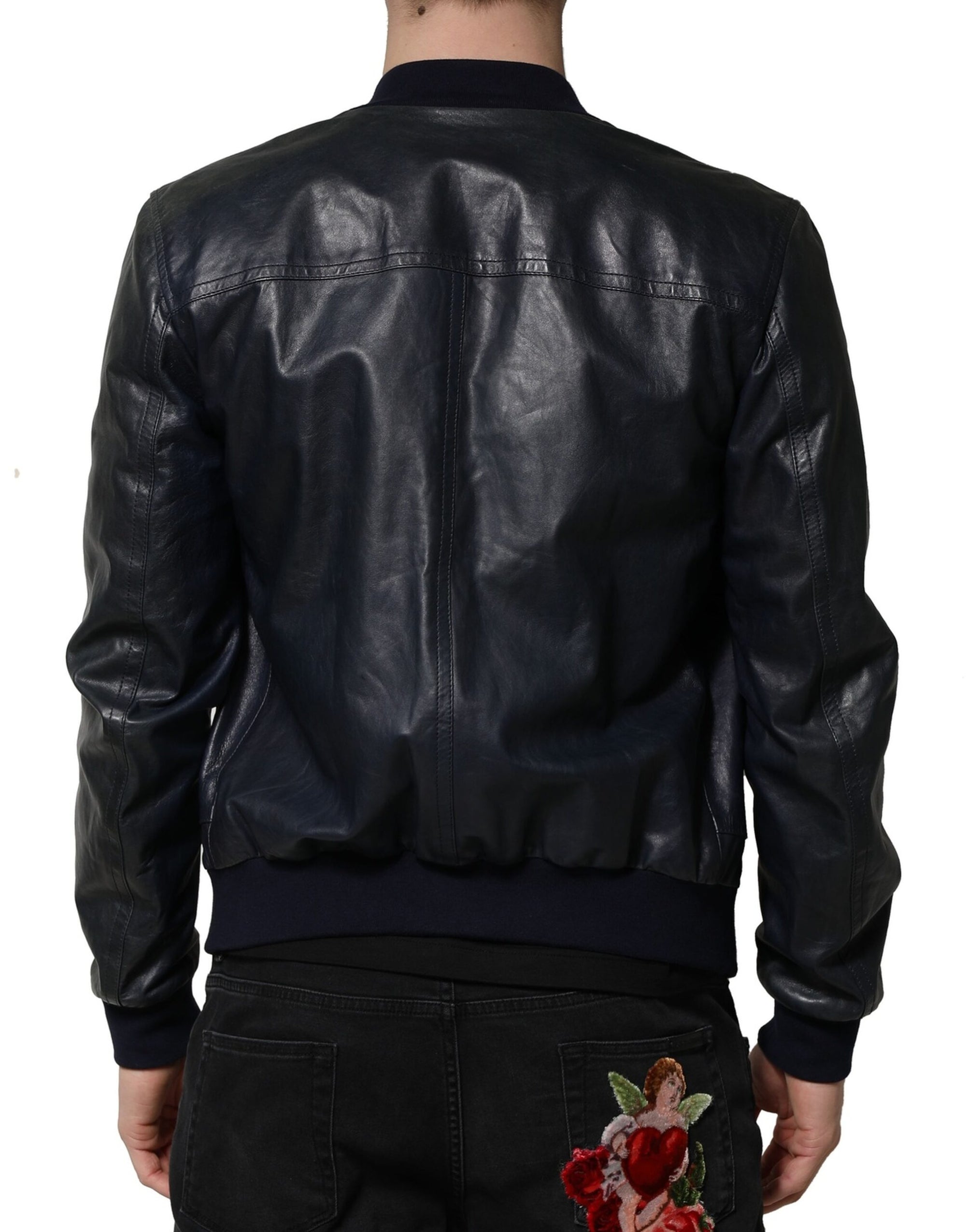 Dolce & Gabbana Black Lambskin Leather Biker Full Zip Jacket