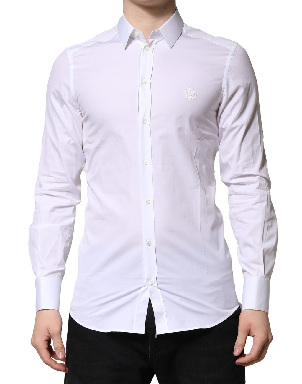 Dolce & Gabbana White GOLD Crown Cotton Dress Formal Shirt