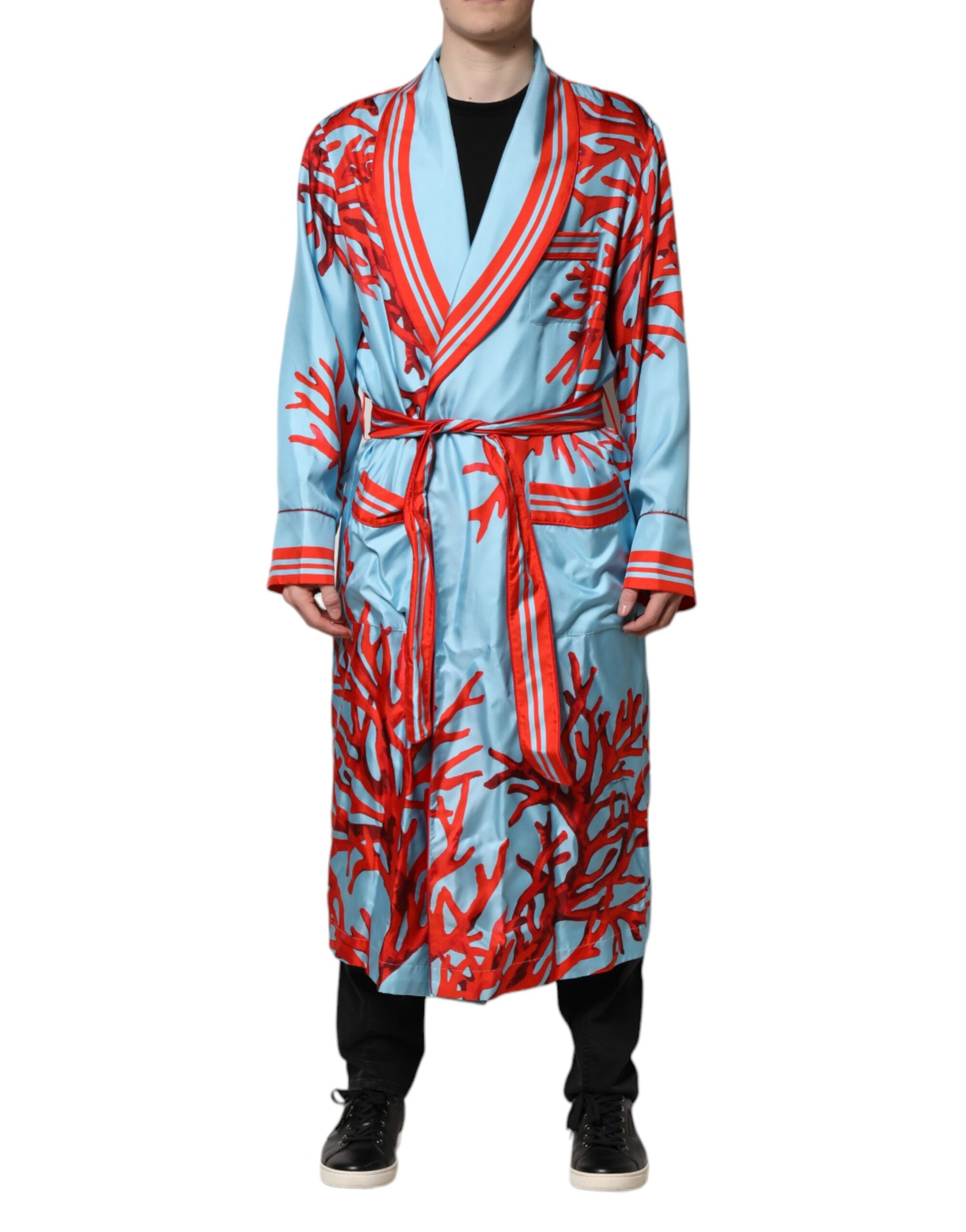 Dolce & Gabbana Blue Red Coral Print Wrap Robe Coat Jacket
