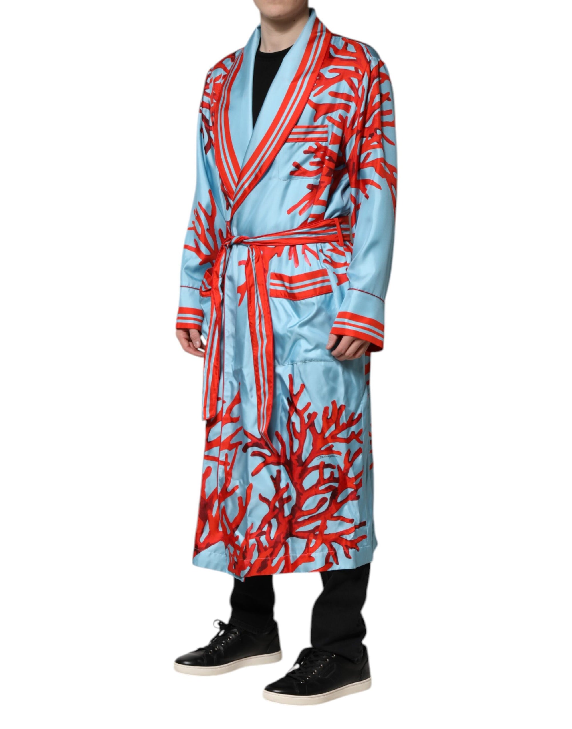 Dolce & Gabbana Blue Red Coral Print Wrap Robe Coat Jacket