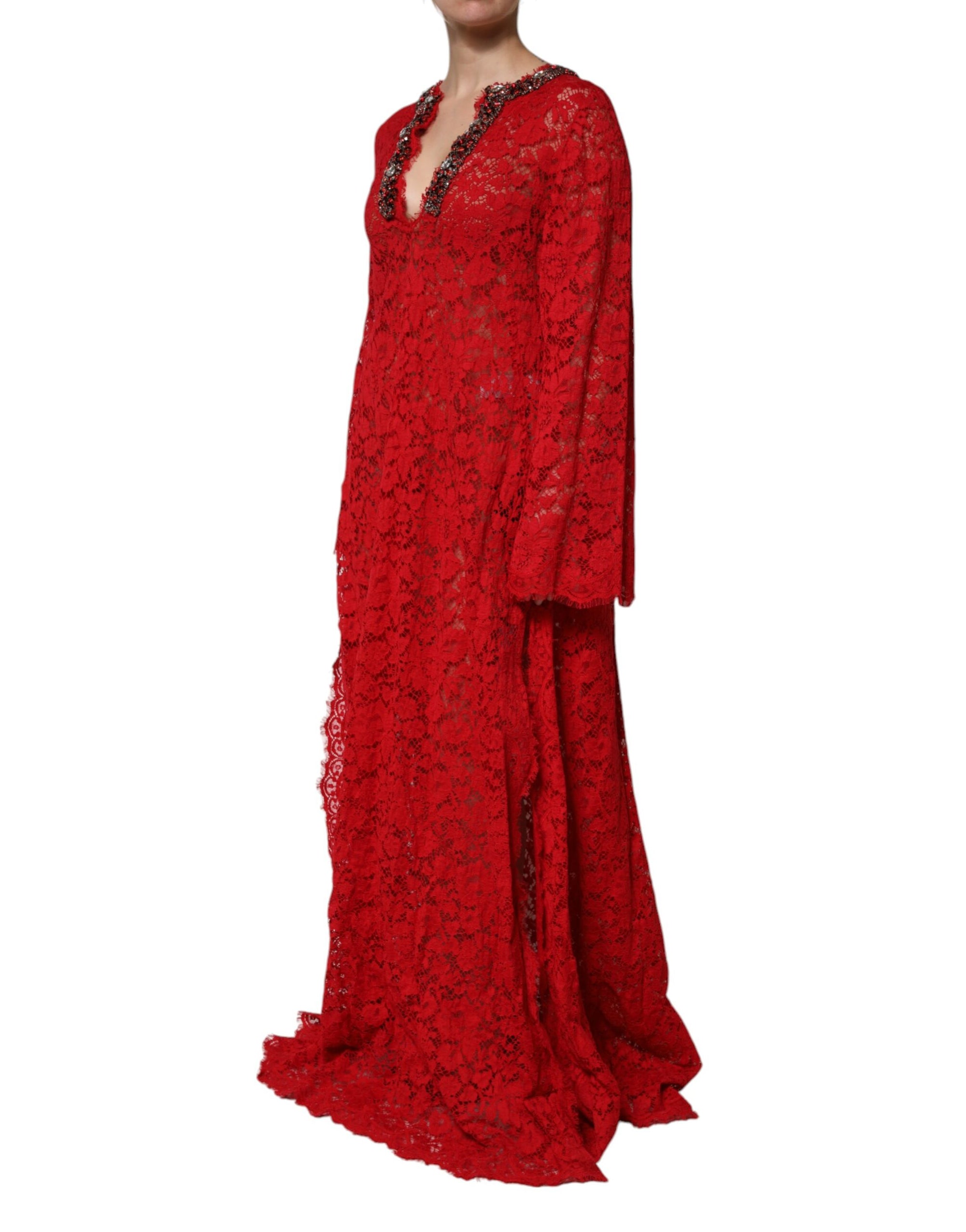 Dolce & Gabbana Red Floral Lace Rhinestone Embellished Dress