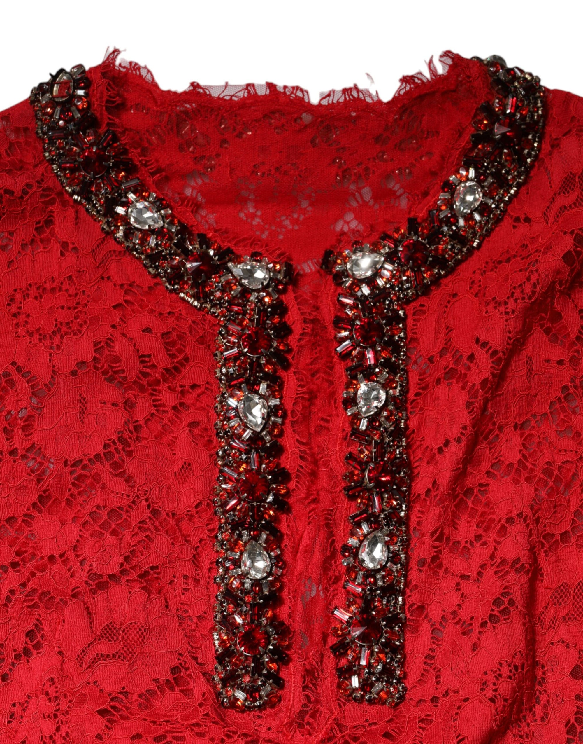 Dolce & Gabbana Red Floral Lace Rhinestone Embellished Dress