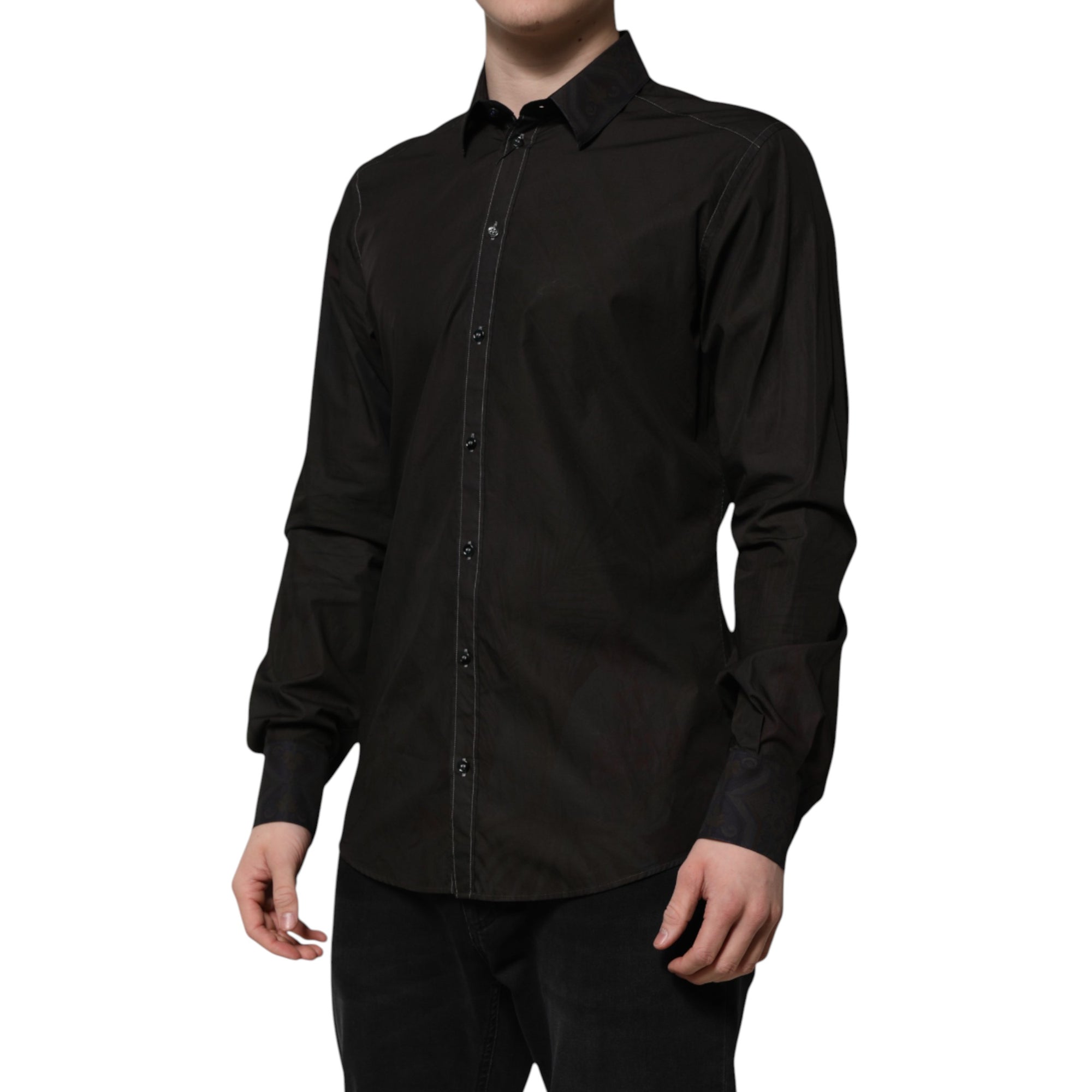 Dolce & Gabbana Black Cotton Jacquard GOLD Collar Dress Shirt
