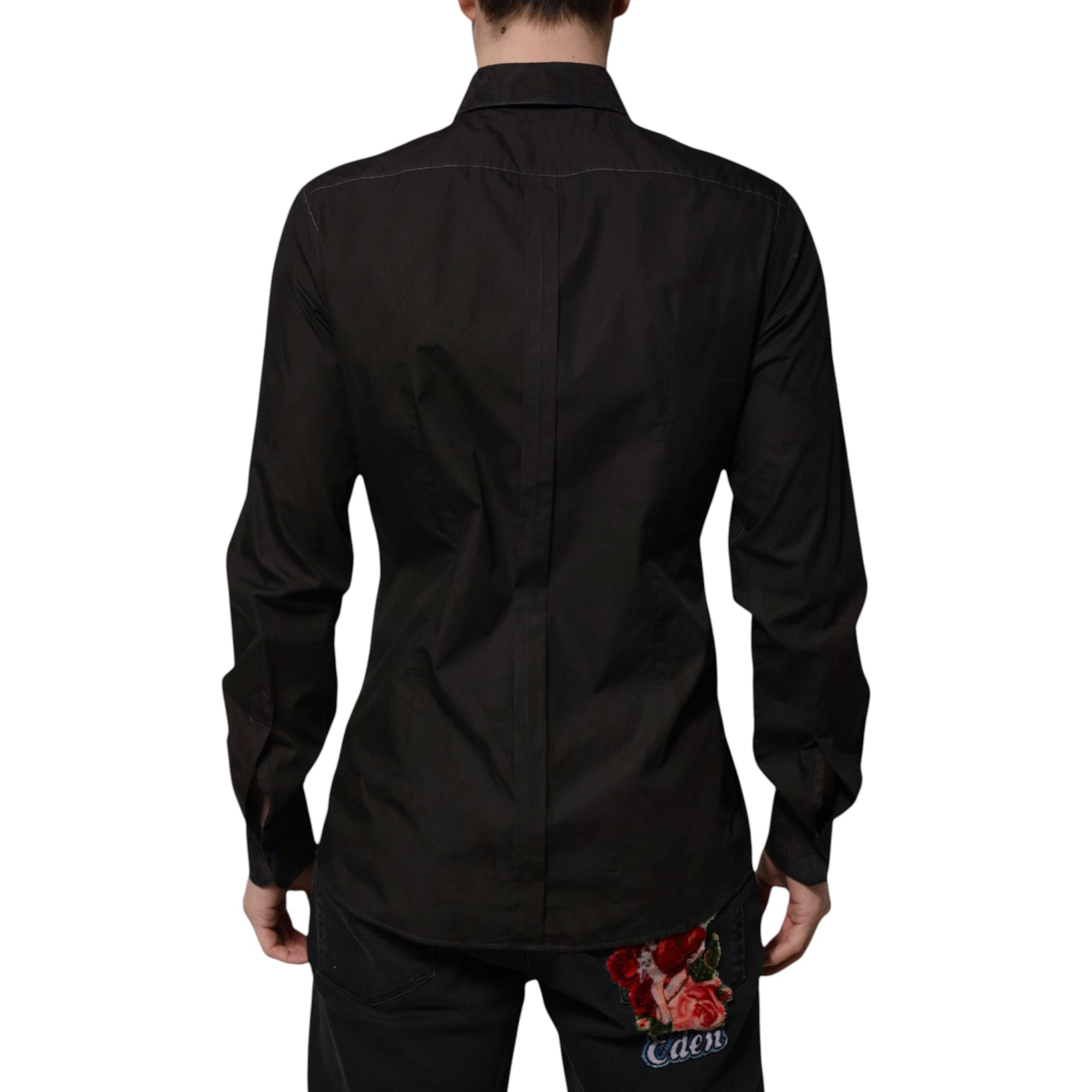 Dolce & Gabbana Black Cotton Jacquard GOLD Collar Dress Shirt