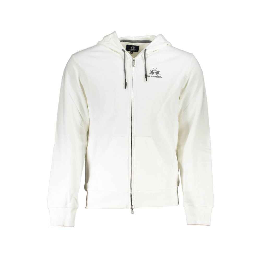 La Martina White Cotton Men Sweater with Hood and Zip Pockets