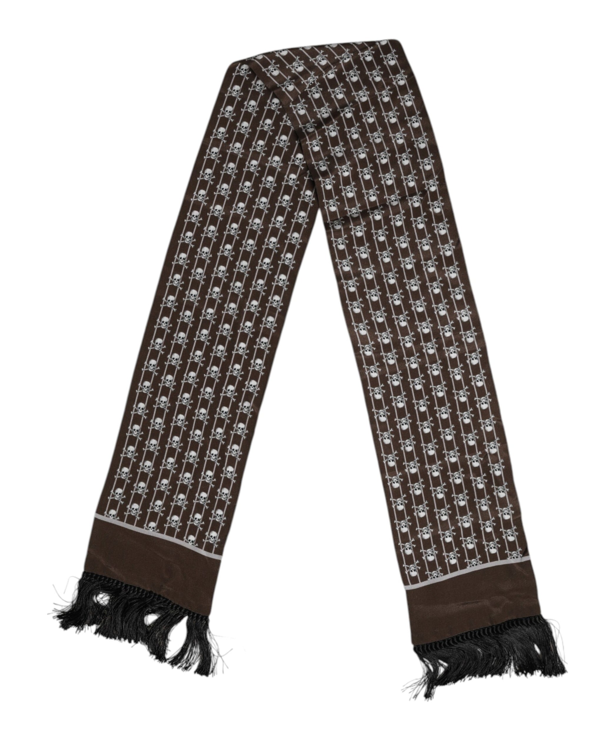 Dolce & Gabbana Brown Skulls Print Fringes Men Foulard Scarf