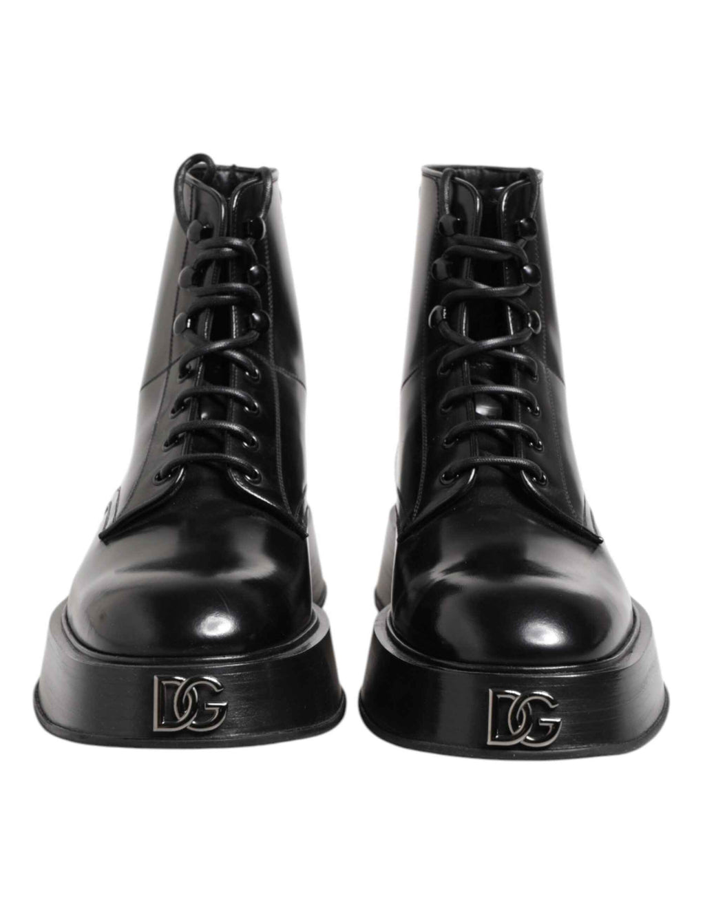 Dolce & Gabbana Black Leather Logo Ankle Boots Lace Up Shoes