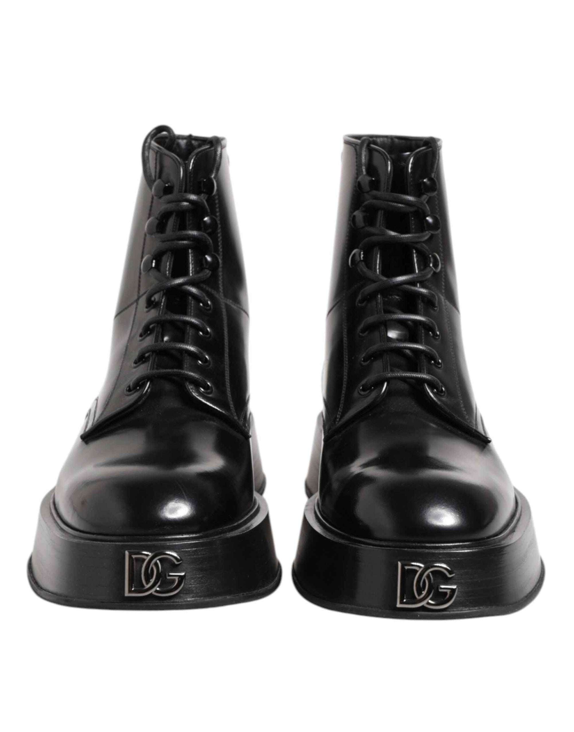 Dolce & Gabbana Black Leather Logo Ankle Boots Lace Up Shoes