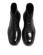 Dolce & Gabbana Black Leather Logo Ankle Boots Lace Up Shoes