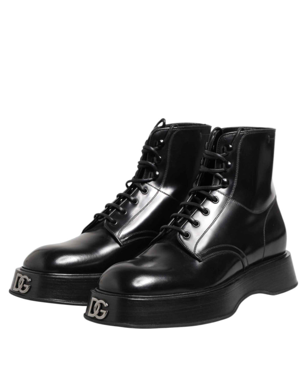 Dolce & Gabbana Black Leather Logo Ankle Boots Lace Up Shoes