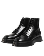 Dolce & Gabbana Black Leather Logo Ankle Boots Lace Up Shoes