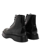 Dolce & Gabbana Black Leather Logo Ankle Boots Lace Up Shoes