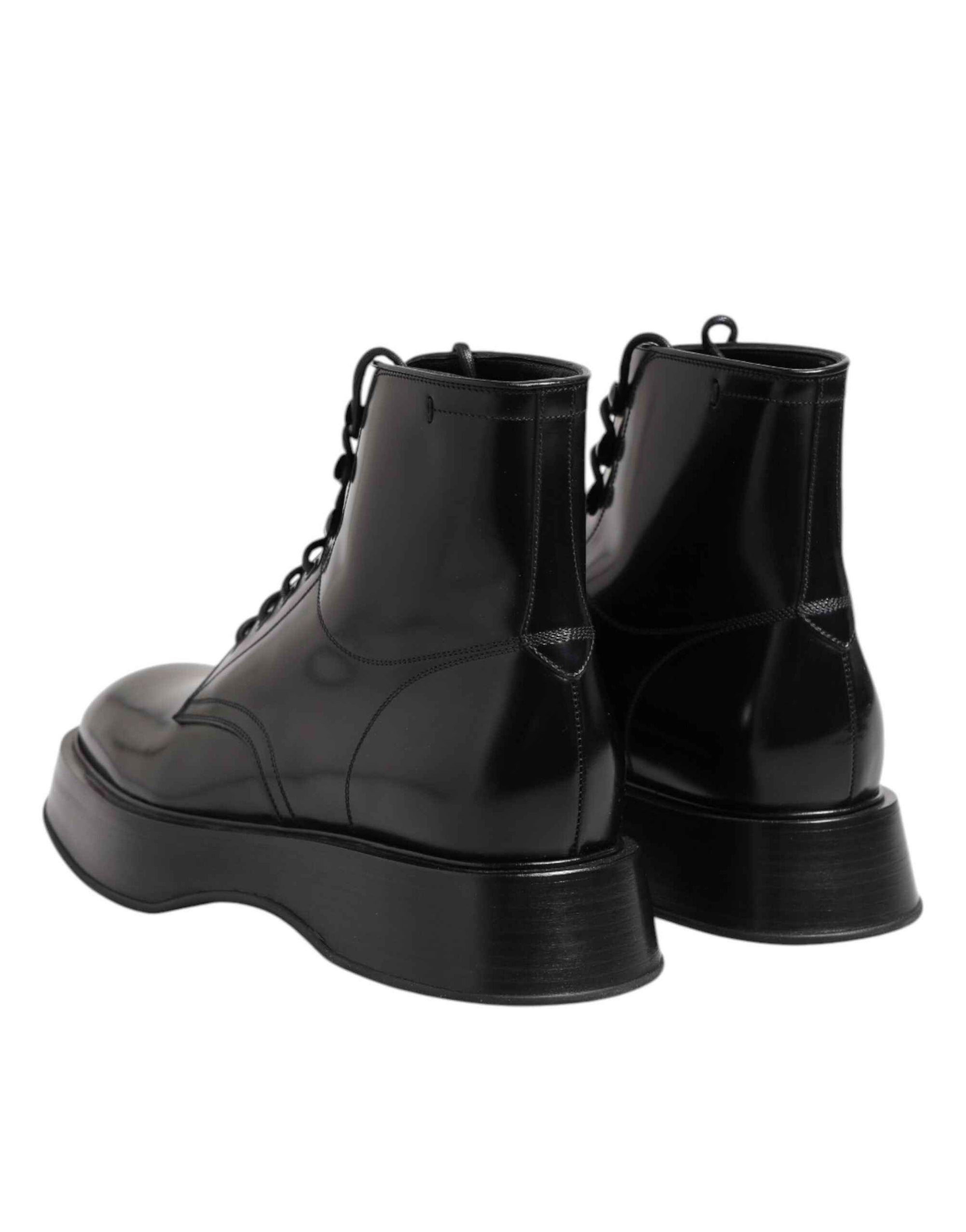 Dolce & Gabbana Black Leather Logo Ankle Boots Lace Up Shoes