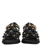 Dolce & Gabbana Black Leather Studded Ankle Strap Sandals Shoes