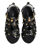 Dolce & Gabbana Black Leather Studded Ankle Strap Sandals Shoes
