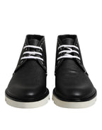Dolce & Gabbana Black White Leather Ankle Boots Shoes