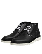 Dolce & Gabbana Black White Leather Ankle Boots Shoes
