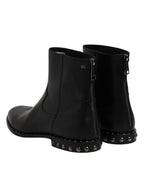 Dolce & Gabbana Black Leather Logo Ankle Boots Studded Shoes