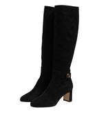 Dolce & Gabbana Black Suede Leather Knee High Boots Shoes