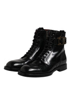 Dolce & Gabbana Black Leather Mid Calf Boots Lace Up Shoes