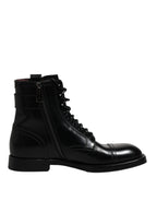 Dolce & Gabbana Black Leather Mid Calf Boots Lace Up Shoes
