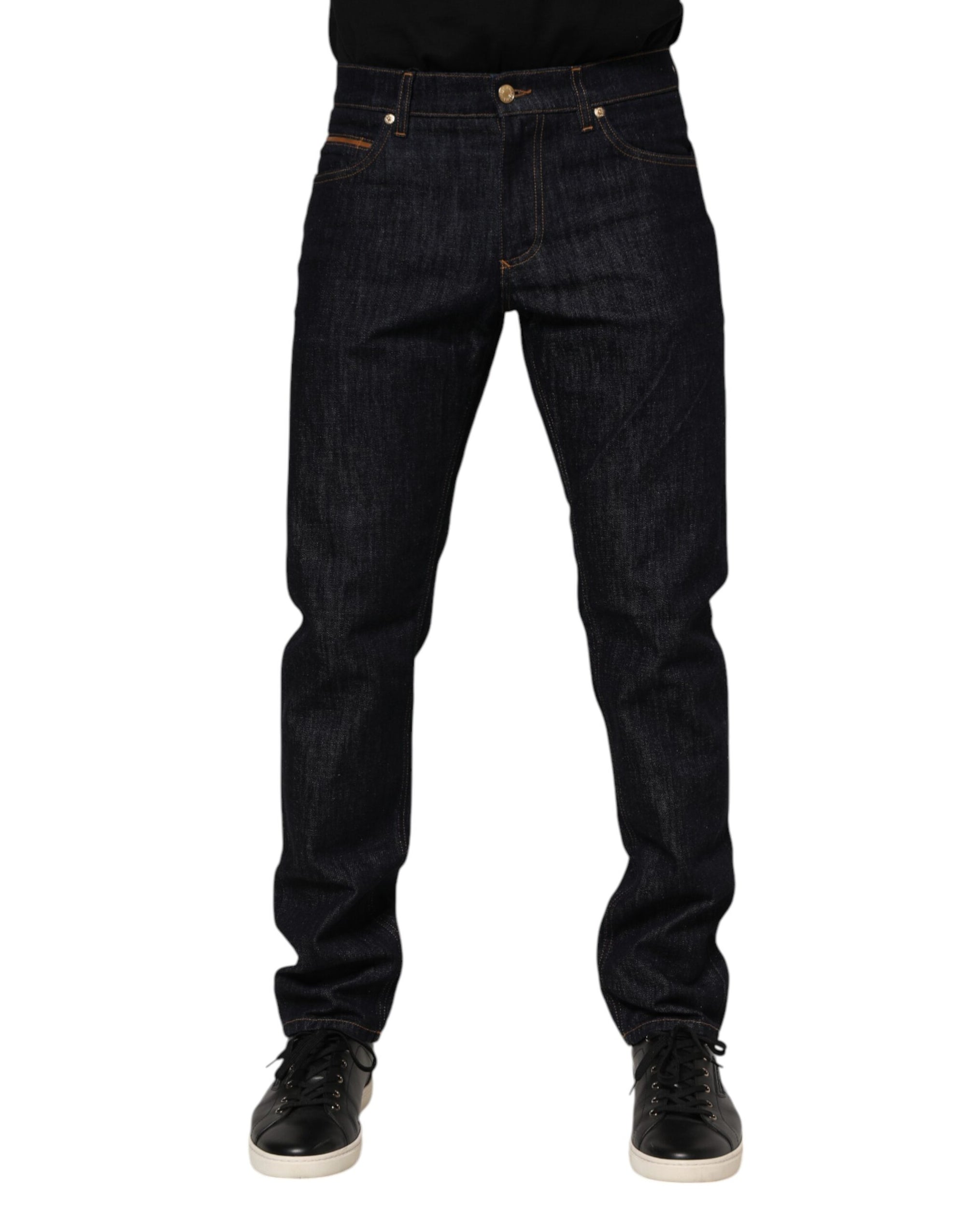 Dolce & Gabbana Dark Blue Cotton Logo Plaque Men Denim Jeans