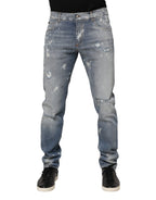 Dolce & Gabbana Blue Cotton Tattered Slim Fit Men Denim Jeans