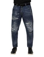 Dolce & Gabbana Blue Cotton Tattered Tapered Men Denim Jeans