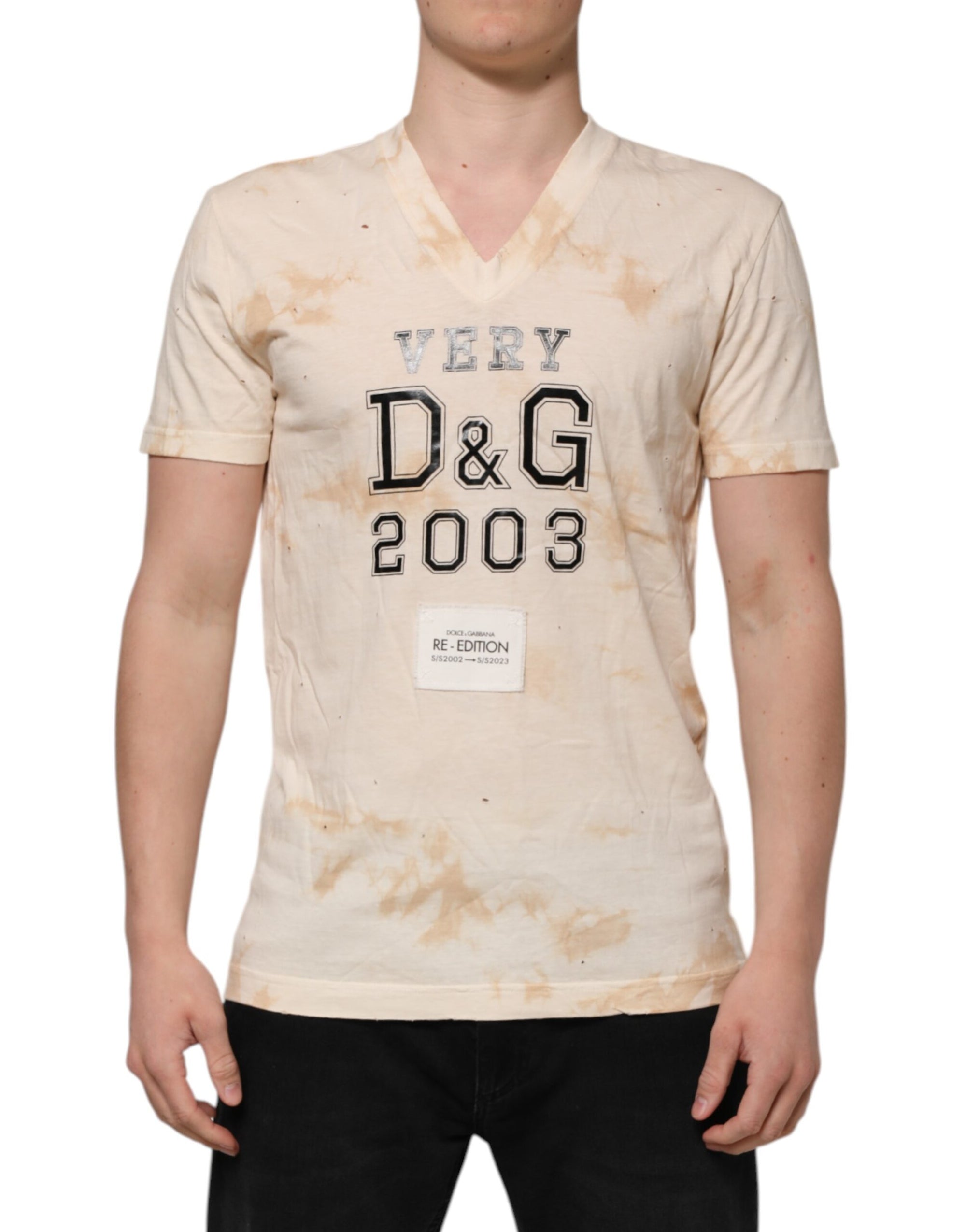 Dolce & Gabbana Beige Logo Print Short Sleeve V-neck T-shirt